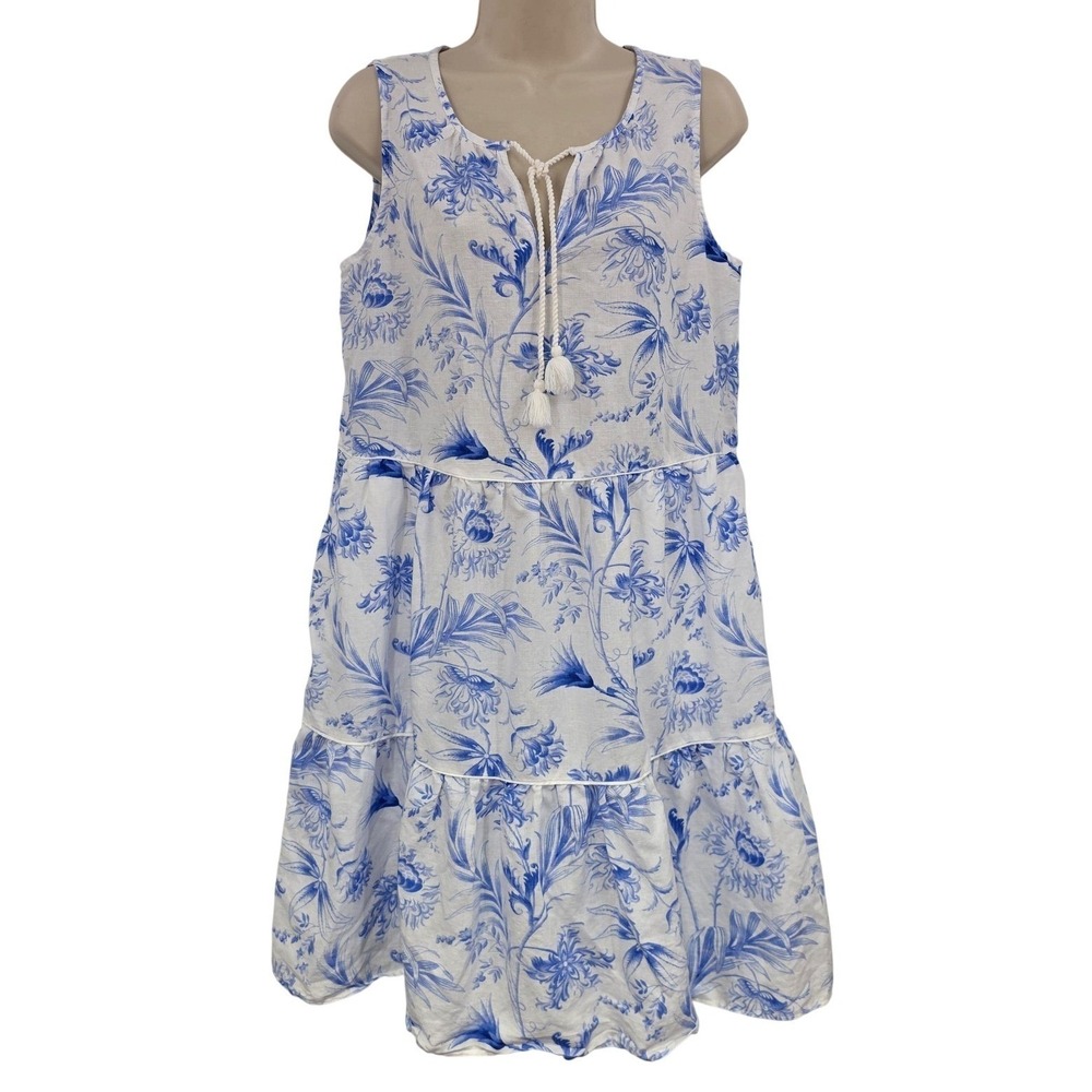 Talbots Dress Women S Blue Floral Linen Tiered Swing Sundress Tassel Pockets‎